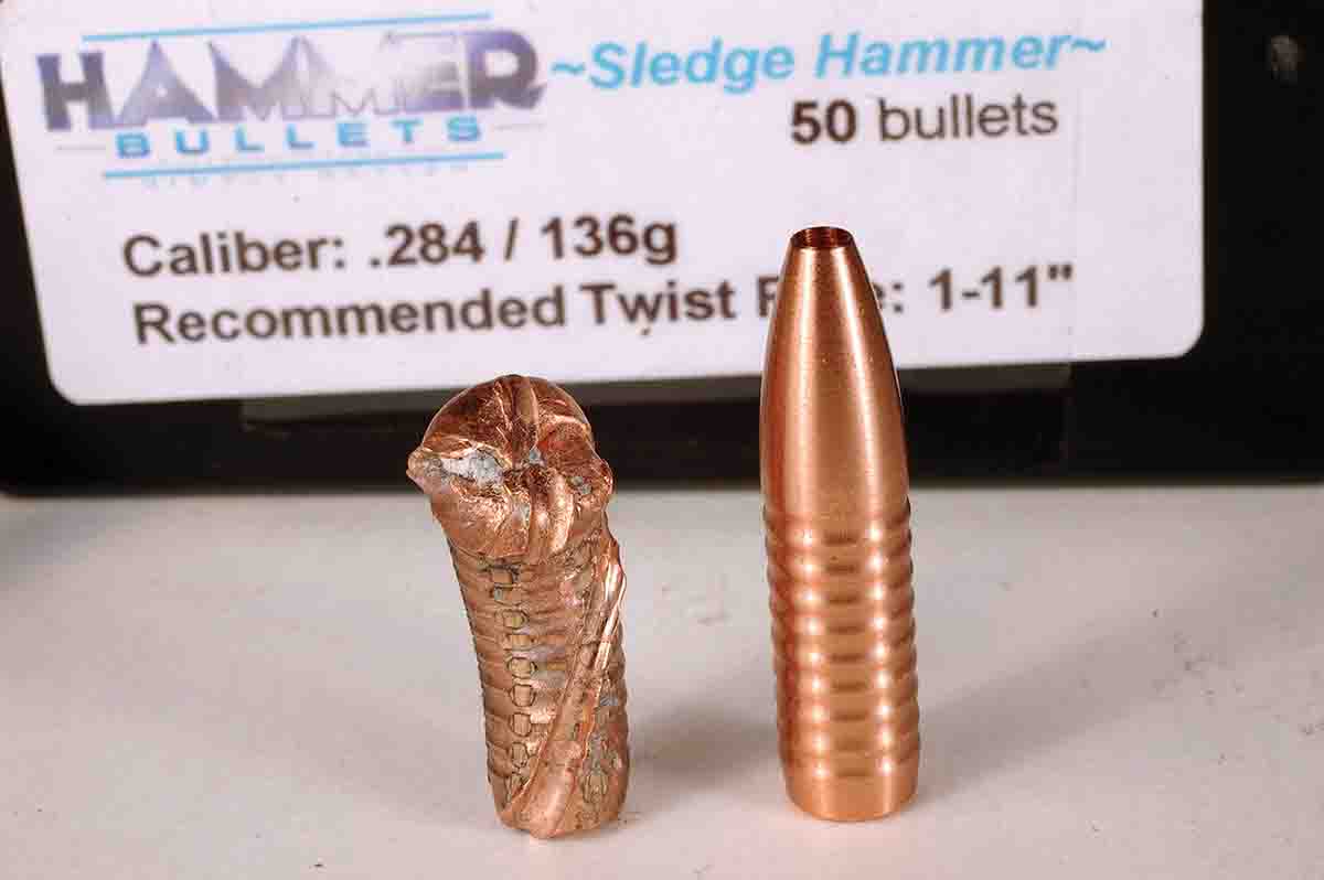 The 136-grain Sledge Hammer 7mm bullet (left) pentetrated 11.5 inches deep in newspaper bundles.